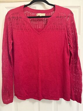 Indigenous Fuchsia Openwork Knit V-Neck Sweater
